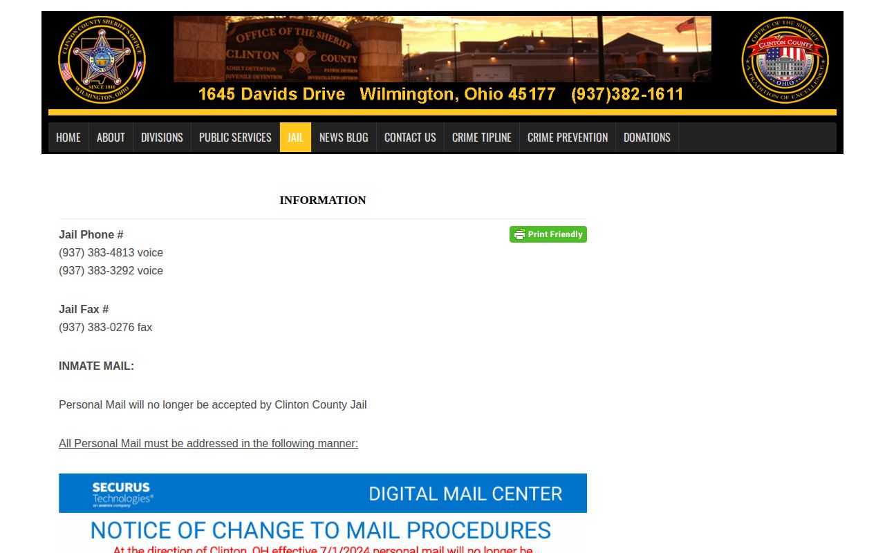 Clinton County Jail release contact and no longer in custody information