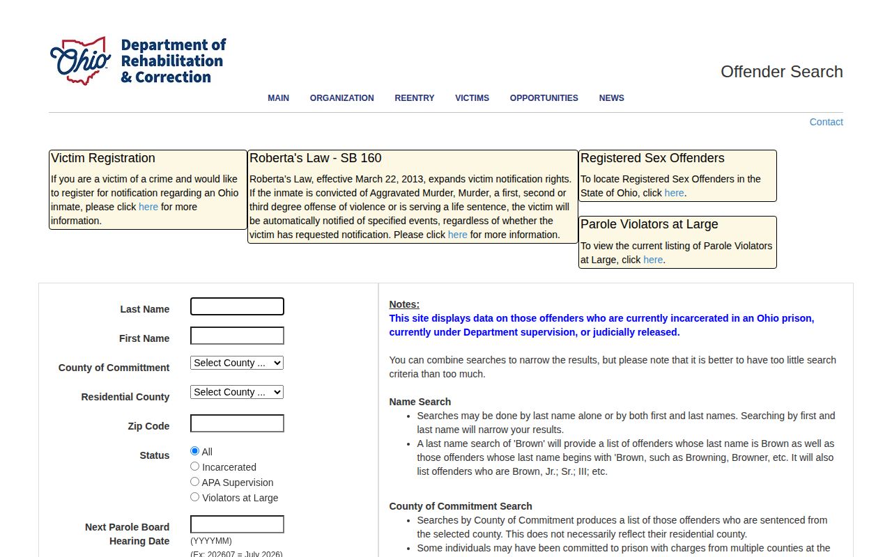 Clinton County released inmate ODRC offender search fields